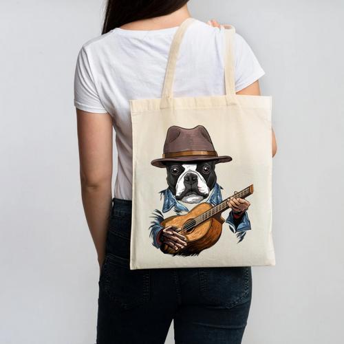 Guitar Shirt Boston Terrier Dog Playing Acoustic Guitar Canvas Tote Bag - Bostonterriersmerch.com CA