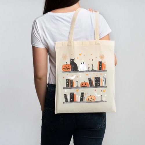 Halloween Library Ghost Books Teacher Spooky Trick Or Teach Canvas Tote Bag - teacherstshirts.com AU