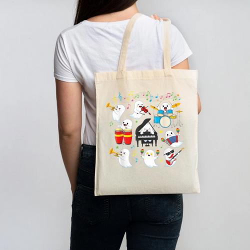 Halloween Music Teacher Ghost Playing Musical Instruments Canvas Tote Bag - teacherstshirts.com UK