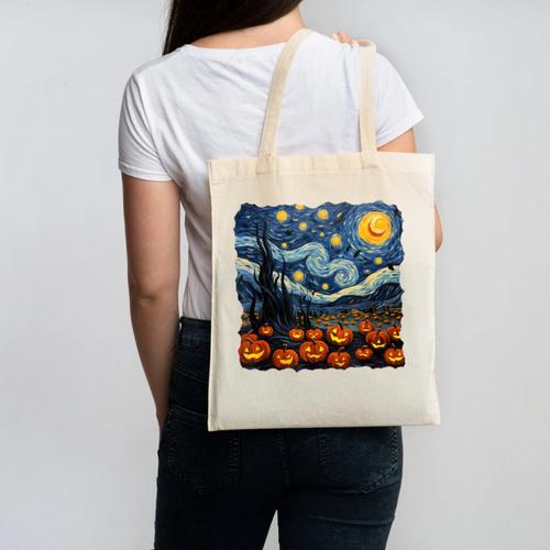 Halloween Pumpkin Starry Night Van Gogh Art Teacher Canvas Tote Bag - teacherstshirts.com CA