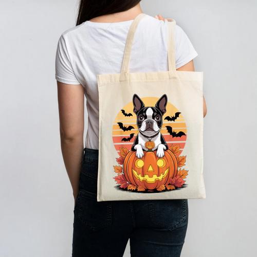 Halloween Retro Boston Terrier Canvas Tote Bag - Bostonterriersmerch.com