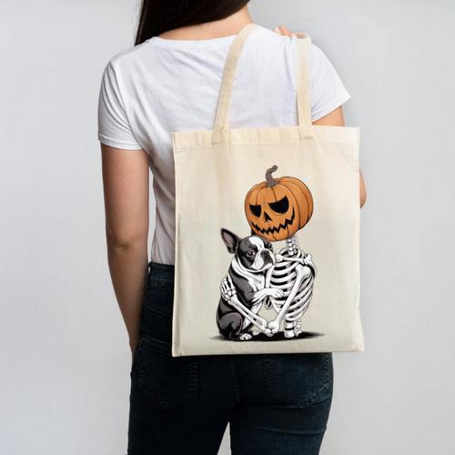 Halloween Skeleton Boston Terrier Canvas Tote Bag - Bostonterriersmerch.com