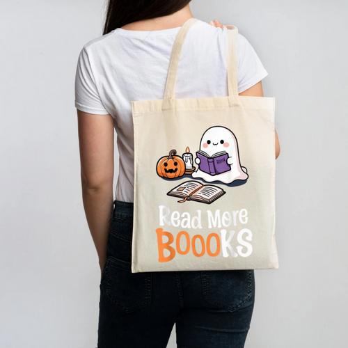 Halloween Teacher Women Cute Reading Ghost Read More Books Canvas Tote Bag - teacherstshirts.com UK