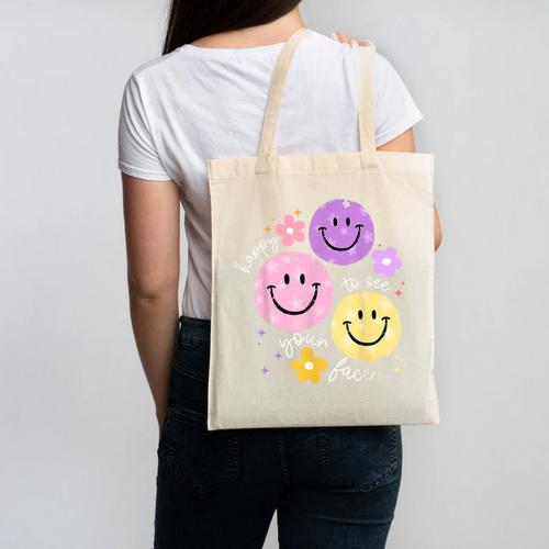 Happy To See Your Face Teacher Flower Back To School Canvas Tote Bag - teacherstshirts.com CA