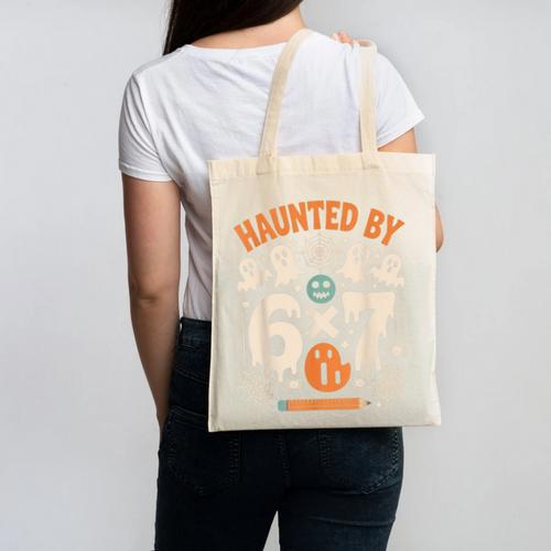 Haunted By 6x7 Math Teacher Halloween Pun Canvas Tote Bag - teacherstshirts.com CA