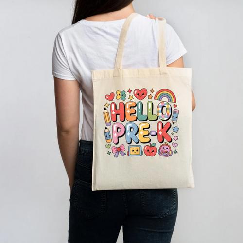 Hello Pre-K Back To School Teacher Student Fun Graphic Tee Canvas Tote Bag - teacherstshirts.com CA