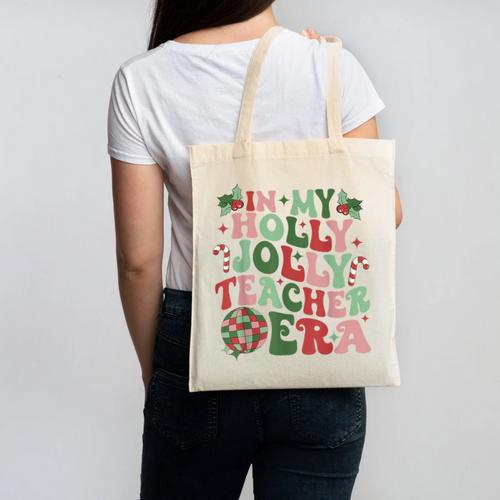 In My Holly Xmas Jolly Teacher Era Teacher Vibes Christmas For Men Women Kids Canvas Tote Bag - teacherstshirts.com DE
