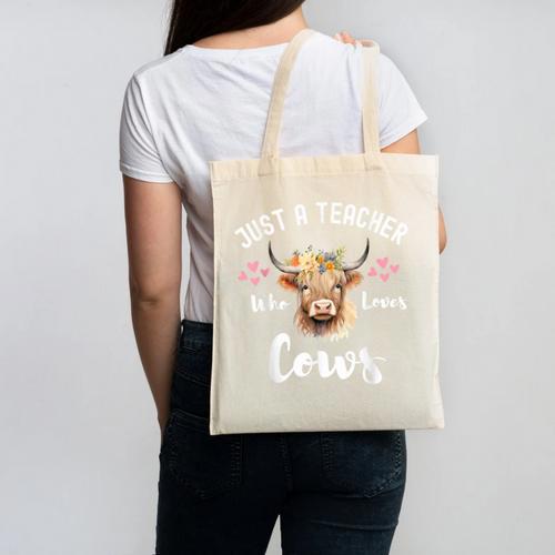 Just A Teacher Who Loves Cows Shirt Cute Highland Cow Canvas Tote Bag - teacherstshirts.com