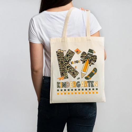 K Is For Kindergarten Teacher Coquette Bow Camo Canvas Tote Bag - teacherstshirts.com