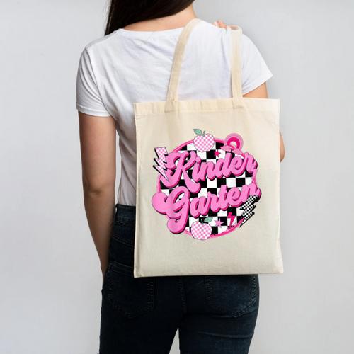 Kindergarten Teacher Women Checkered First Day Of School Canvas Tote Bag - teacherstshirts.com CA