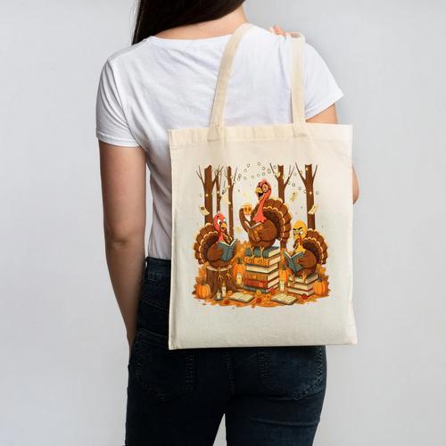 Librarian Turkey Reading Book Fall Thanksgiving Teacher Canvas Tote Bag - teacherstshirts.com UK