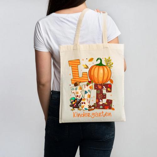 Love Kindergarten Teacher Turkey Thanksgiving Autumn Fall Canvas Tote Bag - teacherstshirts.com AU