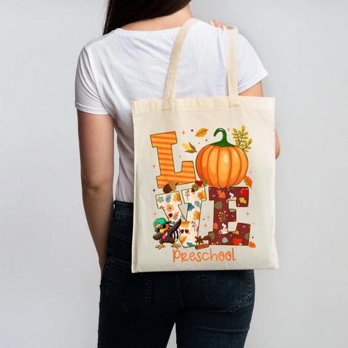 Love Preschool Teacher Turkey Thanksgiving Autumn Fall Canvas Tote Bag - teacherstshirts.com AU