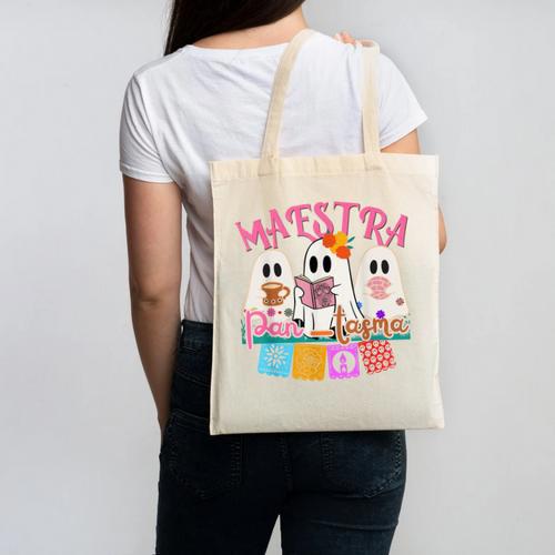 Maestra Pantasmas Conchas Teacher Mexican Halloween Canvas Tote Bag - teacherstshirts.com DE