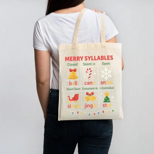Merry Syllables Teacher Christmas Educational Kids Canvas Tote Bag - teacherstshirts.com AU