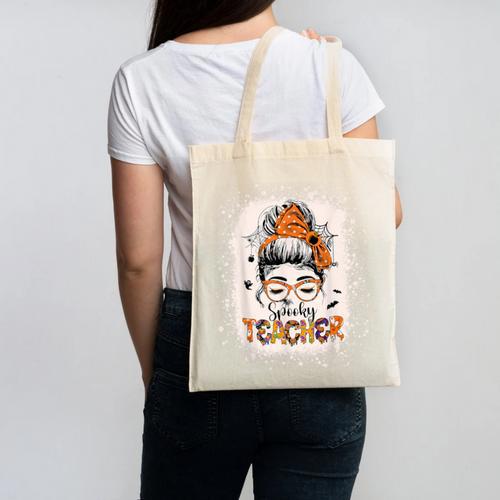 Messy Bun Spooky Teacher Bleached Halloween Teachers Canvas Tote Bag - teacherstshirts.com DE