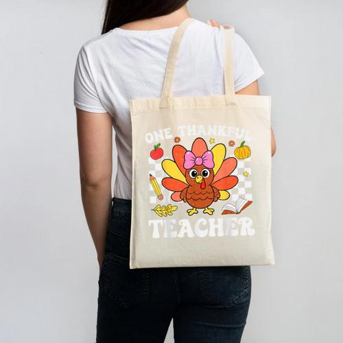 One Thankful Teacher Turkey Thanksgiving Teaching Canvas Tote Bag - teacherstshirts.com