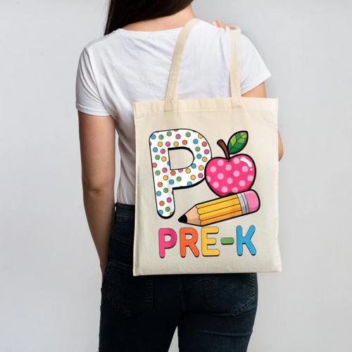 P Is For Pre K Teacher Student Pencil Apple Back To School Canvas Tote Bag - teacherstshirts.com CA