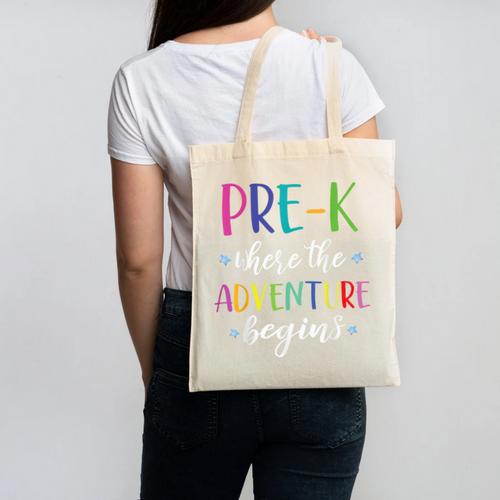 Pre-K Teacher Adventure Begins First Day Preschool Teachers Canvas Tote Bag - teacherstshirts.com AU