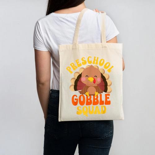 Preschool Gobble Squad Cute Turkey Thanksgiving Teacher Canvas Tote Bag - teacherstshirts.com DE