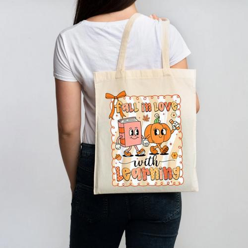 Pumpkin Teacher Preppy Fall In Love With Learning Autumn Canvas Tote Bag - teacherstshirts.com AU