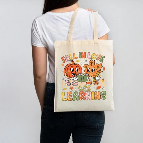 Retro Fall In Love With Learning Autumn Pumpkin Teacher Kids Canvas Tote Bag - teacherstshirts.com UK