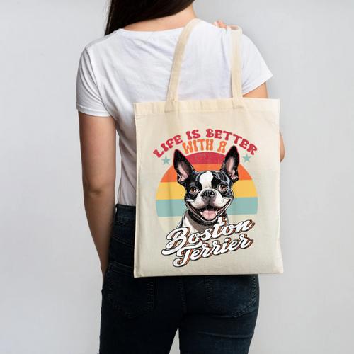 Retro Life Is Better With Boston Terrier Mom Dog Lover Canvas Tote Bag - Bostonterriersmerch.com
