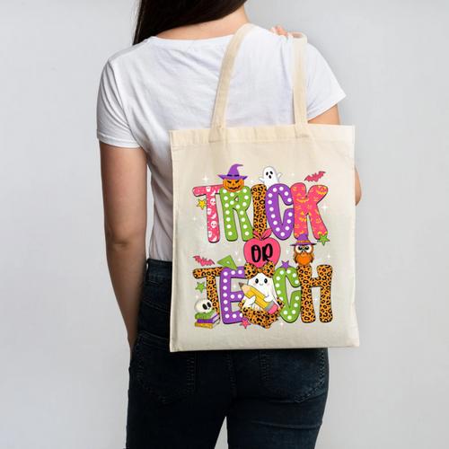 Retro Trick Or Teach Leopard Ghost Halloween Spooky Teacher Canvas Tote Bag - teacherstshirts.com