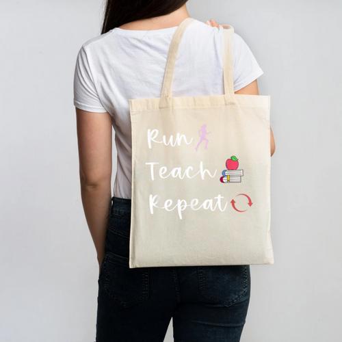 Run Teach Repeat Teacher Running Saying Slogan Runner Canvas Tote Bag - teacherstshirts.com