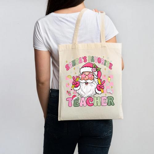 Santa's Favorite Teacher Groovy Christmas Teacher Boys Girls Canvas Tote Bag - teacherstshirts.com UK