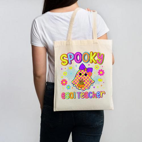 Spooky ESOL Teacher Halloween ESOL Teaching Coquette Canvas Tote Bag - teacherstshirts.com