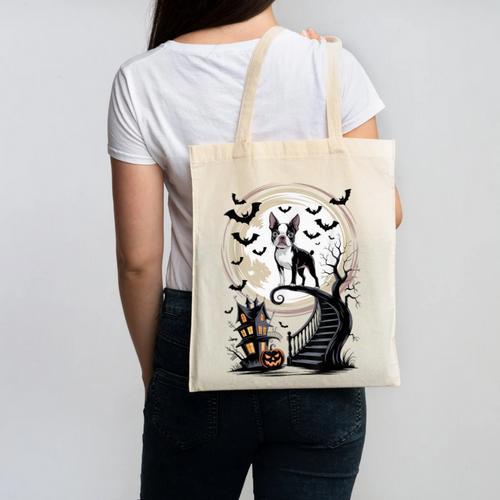 Spooky Halloween Moon Boston Terrier Boston Bull Bostie Canvas Tote Bag - Bostonterriersmerch.com
