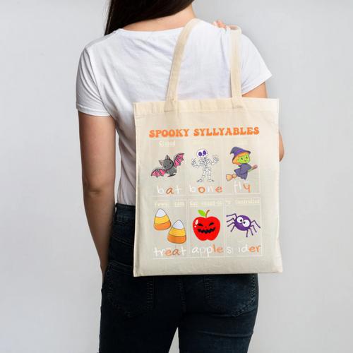 Spooky Syllables Halloween Teacher Student Education Canvas Tote Bag - teacherstshirts.com DE