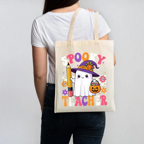 Spooky Teacher Ghost Pencil Teach Halloween Teacher Canvas Tote Bag - teacherstshirts.com CA