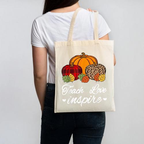 Teach Love Inspire Autumn Fall Plaid Leopard Pumpkin Teacher For Men Women Kids Canvas Tote Bag - teacherstshirts.com AU