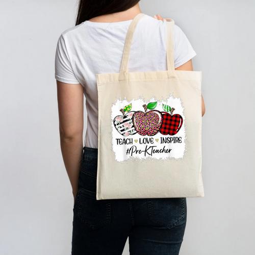 Teach Love Inspire Pre-k Teacher Apple Leopard Red Plain Canvas Tote Bag - teacherstshirts.com AU