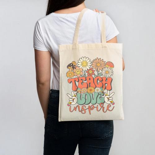 Teach Love Inspire Retro Groovy Daisy Back To School Teacher For Men Women Kids Canvas Tote Bag - teacherstshirts.com AU