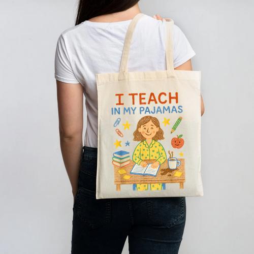 I Teach In My Pajamas Crayon Home School Teacher PJs Canvas Tote Bag - teacherstshirts.com AU