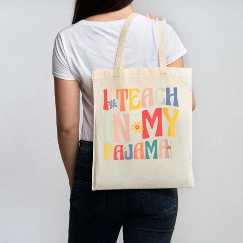 I Teach In My Pajamas Retro Groovy Teacher Humor Canvas Tote Bag - teacherstshirts.com
