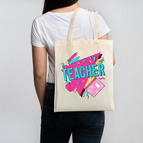 Teacher 90s Retro Colorful Teacher Of The 90s Back To School Canvas Tote Bag - teacherstshirts.com CA
