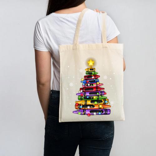 Teacher Crayon Christmas Tree Lights Student School Xmas Canvas Tote Bag - teacherstshirts.com