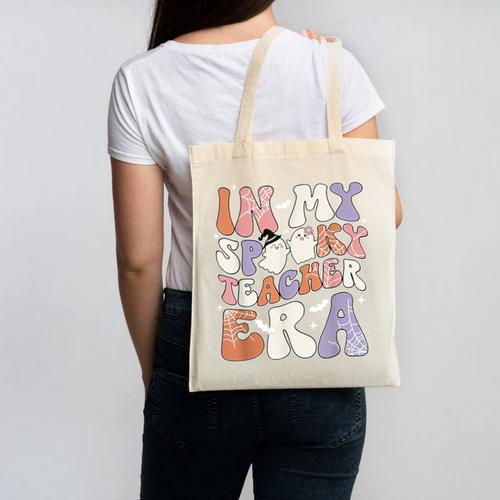 Teacher Halloween In My Spooky Teacher Era Retro Groovy Canvas Tote Bag - teacherstshirts.com AU