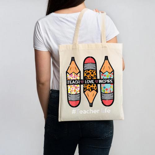 Teacher Life Teach Love Inspire Pencils Inspirational Women Canvas Tote Bag - teacherstshirts.com CA