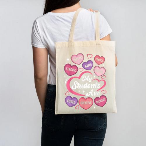 Teacher Positive Affirmations Candy Heart Valentine's Day Canvas Tote Bag - teacherstshirts.com UK