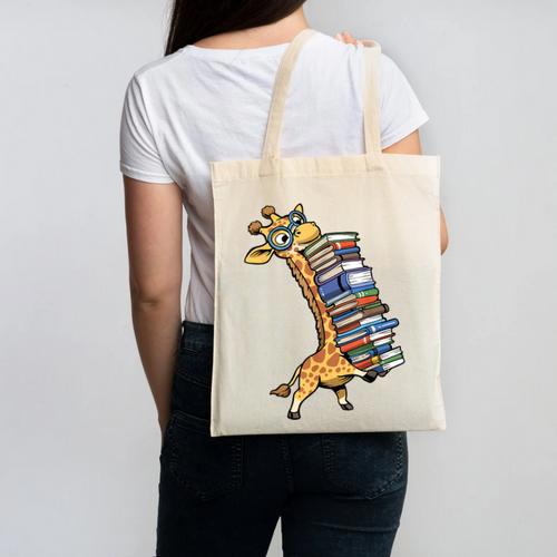 Teacher Shirt Giraffe Holding Books Bookworm Librarian Canvas Tote Bag - teacherstshirts.com AU