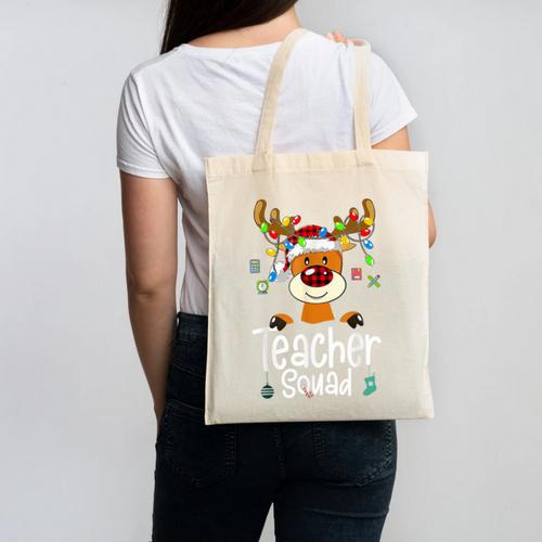 Teacher Squad Red Plaid Rudolph Reindeer Christmas Canvas Tote Bag - teacherstshirts.com