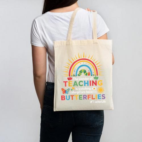 Teacher The Wonder Of Teaching Is Watching Caterpillar Canvas Tote Bag - teacherstshirts.com