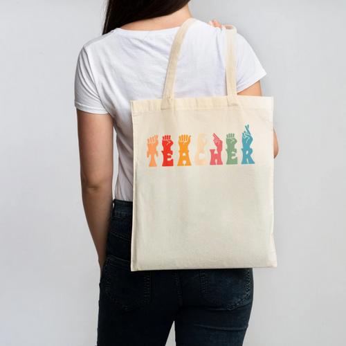 Teacher Word In Sign Language Awareness ASL Back To School Canvas Tote Bag - teacherstshirts.com