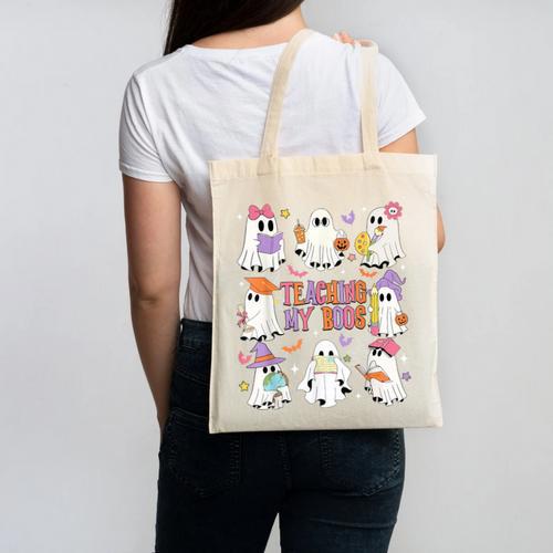 Teaching My Boos Teacher Cute Ghost Groovy Teacher Halloween Canvas Tote Bag - teacherstshirts.com AU