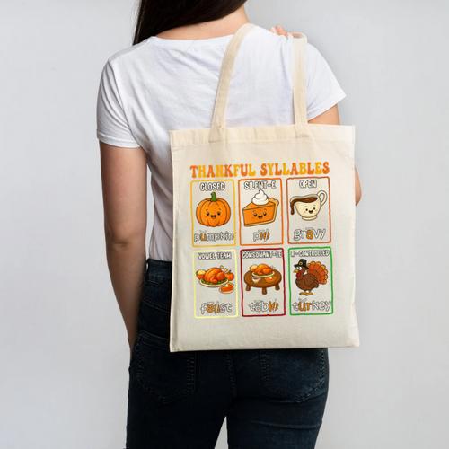 Thankful Syllables Thanksgiving Phonics Reading Teacher Fall Canvas Tote Bag - teacherstshirts.com